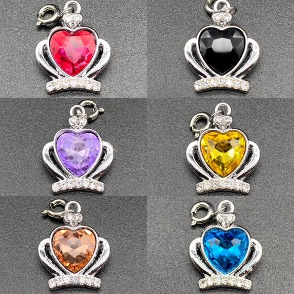 Jeweled Heart Rhinestone Crown Charm on Silver - Picture 1 of 9